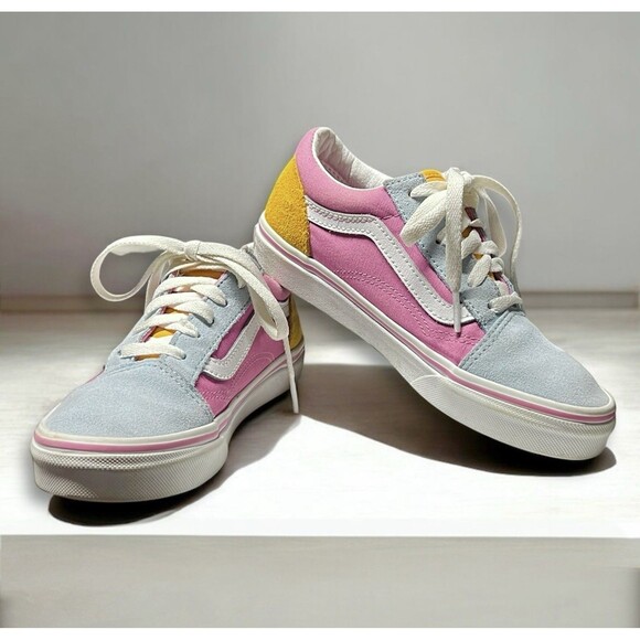 VANS Old Skool Casual Sneakers Color Block Pink Blue Suede Kids Size 3 - Picture 1 of 7